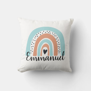 Coussin Nom personnalisé Rainbow Heart Blue Peach