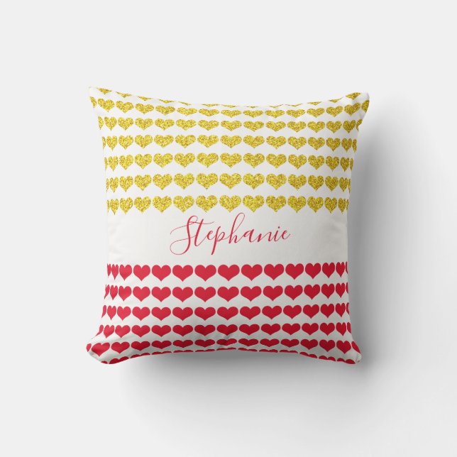 Coussin Nom personnalisé Red Gold Glittery Hearts Cadeau F (Recto)