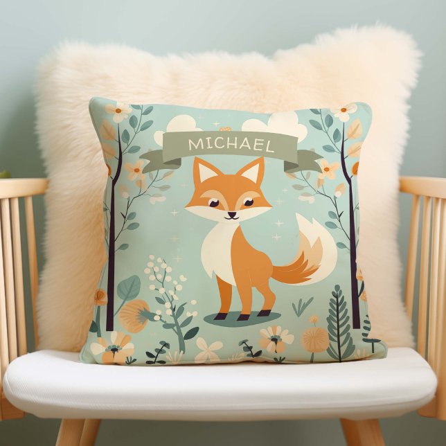 Coussin Nom personnalisé Renard boisé, Garçon Nursery (woodland fox, baby boy nursery pillow)
