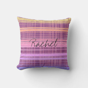 Coussin Nom personnalisé rose violet or rose ombré rayé