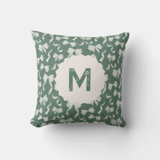 Coussin Nom personnalisé Ruban et Nœuds Vintage (Vert Crèm