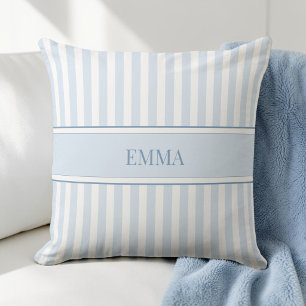 Coussin Nom personnalisé simple rayé bleu moderne et chic