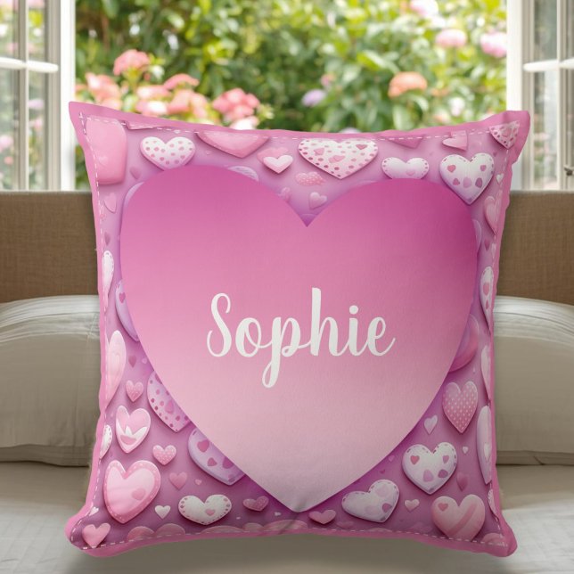 Coussin Nom personnel Coeur rose (Personal Name Pink Heart Throw Pillow)