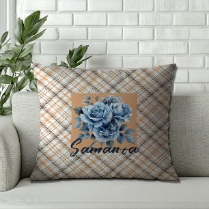 Coussin Nom rose aquarelle tartan vintage beige bleu