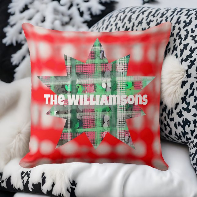 Coussin Nom script étoile céleste plaid rouge vert blanc (Créateur téléchargé)