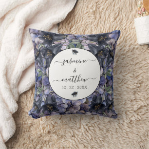 Coussin Noms de Couple de Mariage Floral Noir Classique Hu