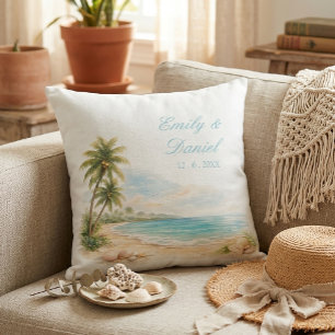 Coussin Noms de Mariage de Plage Tropicale à l'Aquarelle E