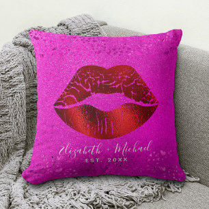 Coussin Noms Personnalisés Paillettes Roses Lèvres Feuille