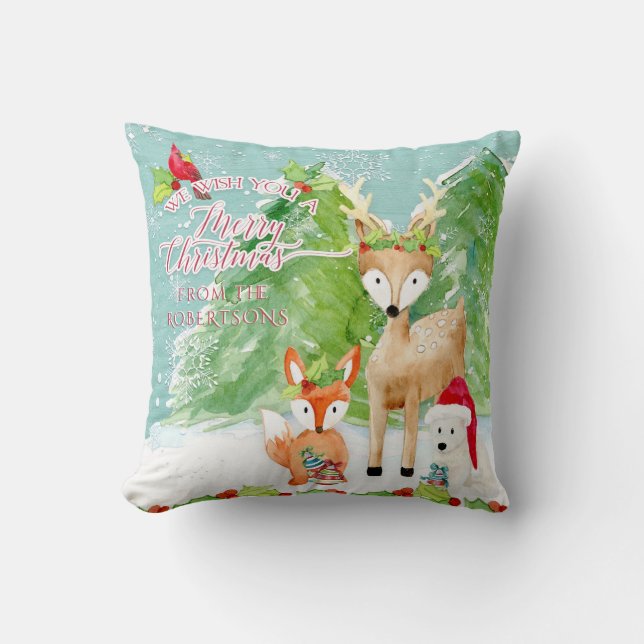 Coussin Nordique Merry Forest de Noël Fox Cerf Ours Oiseau (Recto)