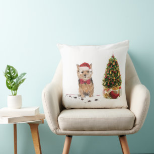 Coussin Norfolk Terrier Drôle chien de Noël avec arbre