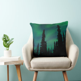 Coussin Northern Lights Green Night Sky Forest