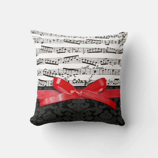 Coussin Notes de musique et ruban de rouge de faux (Recto)