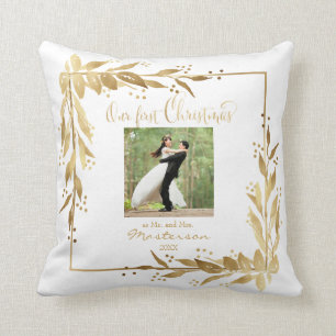 Coussin Notre première couronne d'or photo de Noël en blan