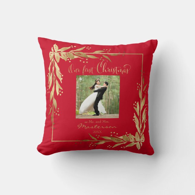 Coussin Notre première couronne d'or photo de Noël en roug (Recto)
