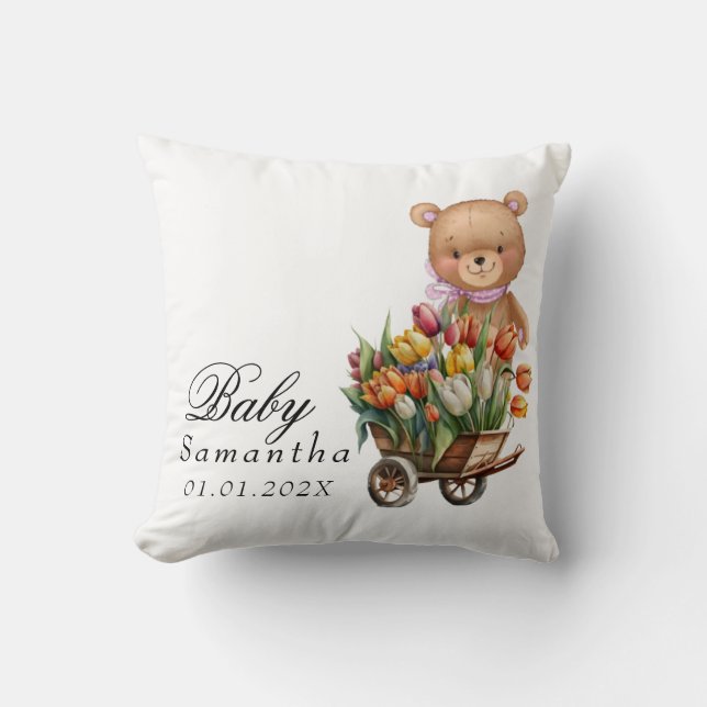 Coussin Nounours en peluche rose floral rustique (Recto)