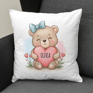 Coussin Nounours Mignon Tenant un Cœur Rose