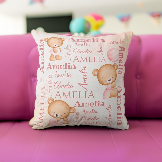Coussin Nounours roses nom de fille personnalisée (Pink teddy bears personalized girls name collage baby throw pillow baby gifts baby shower gifts)
