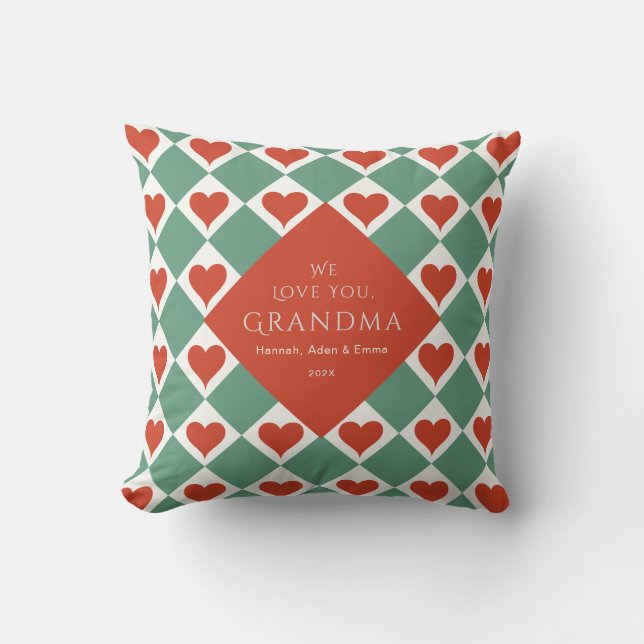 Coussin Nous t'aimons Grand-mère Cadeau Coeur Rouge Vert (Recto)