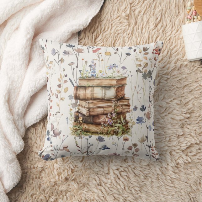 Coussin Nouveau Chapitre aquarelle, Pile de livres fleur s (Couverture)