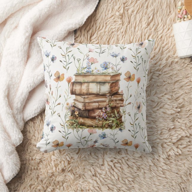 Coussin Nouveau Chapitre aquarelle, Pile de livres fleur s (Couverture)