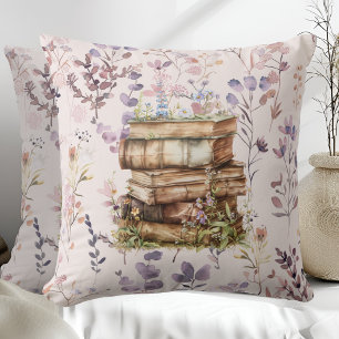 Coussin Nouveau chapitre aquarelle, Pile de livres fleurs