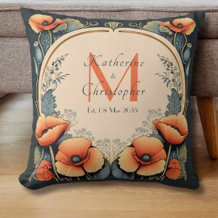 Coussin Nouvellement Mariés Monogramme Floral Vintage Art 