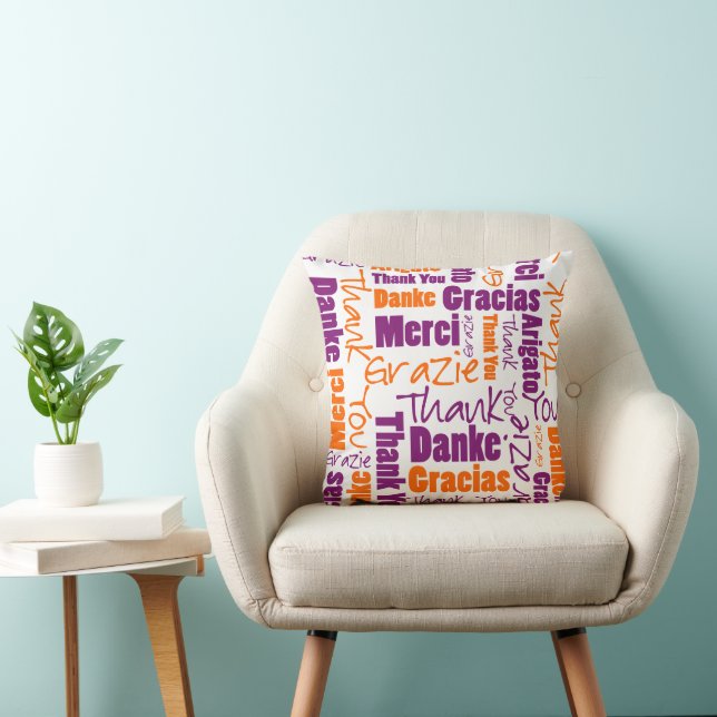 Coussin Nuage de mots de Merci violet et orange (Chaise)