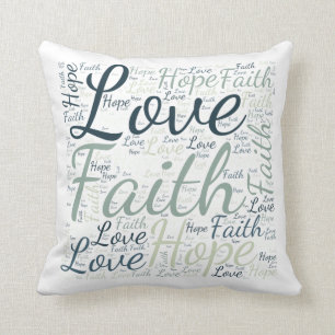 Coussin Nuage de mots Foi Espérance Amour Vert Bleu