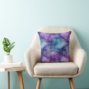 Coussin Nuages Marbrés Aquarelle Bleu Violet et Sarcelle