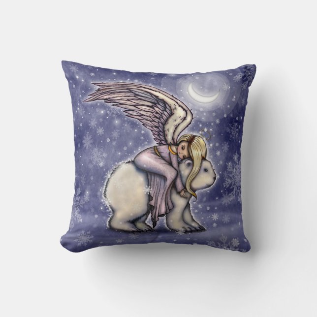 Coussin Nuit d'hiver paisible Ange et Ours Polaire Art (Recto)