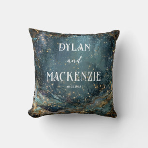 Coussin Nuit étoilée dorée sarcelle céleste marbrée ondulé