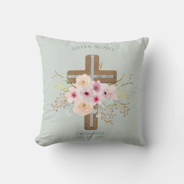 Coussin NUN - Ordination ou anniversaire - Croix florale (Recto)