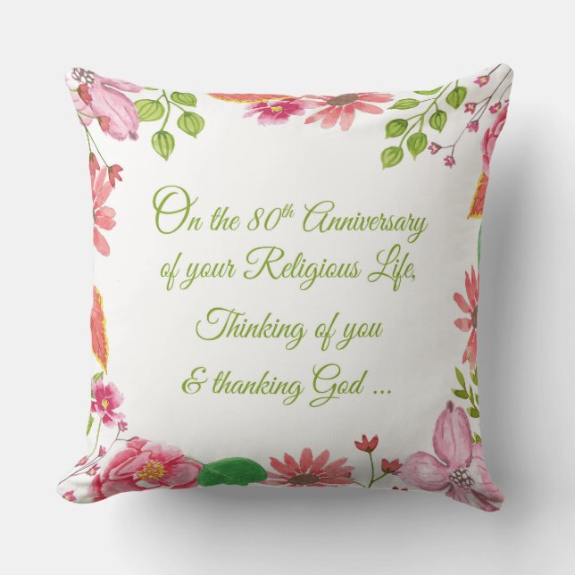 Coussin Nun Religieux 80e Anniversaire Fleurs aquarelles (Recto)