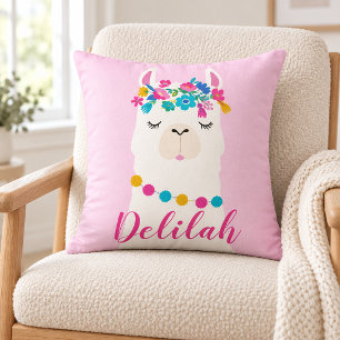 Coussin Nursery à monogramme lama écriture rose