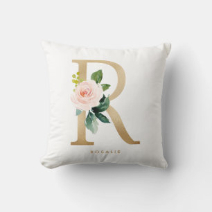 Coussin Nursery de lettre R monogramme florale en feuille 
