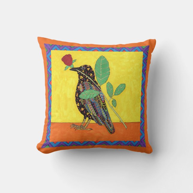 Coussin Oaxacan Crow & Red Rose mexicaine Folk Art (Recto)