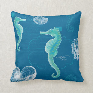 Coussin Océan Blue Sehorse Vintage manuscrit