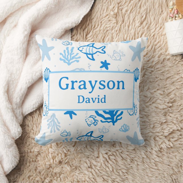 Coussin Ocean Fish Nom personnalisé Nursery Boys Room Art (Couverture)