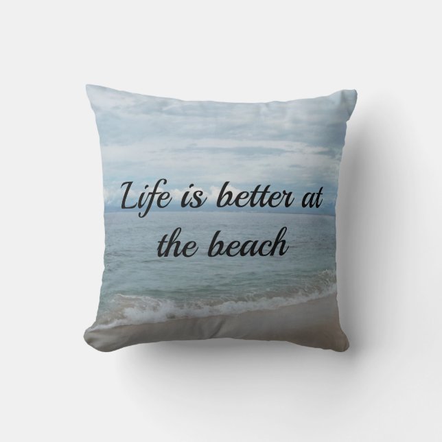 Coussin Océan Turquoise, plage de sable avec texte (Recto)