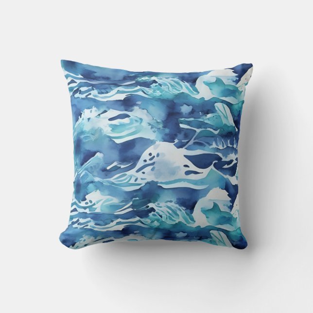 Coussin Ocean Waves | Teal Watercolor Aqua Blue (Recto)