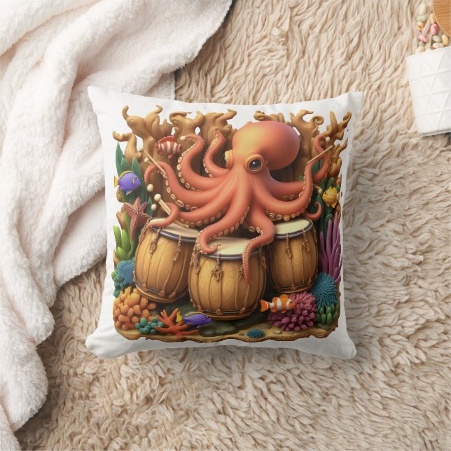 Coussin Octopus Coloré Jouer Des Tambours Parmi La Corail  (Couverture)