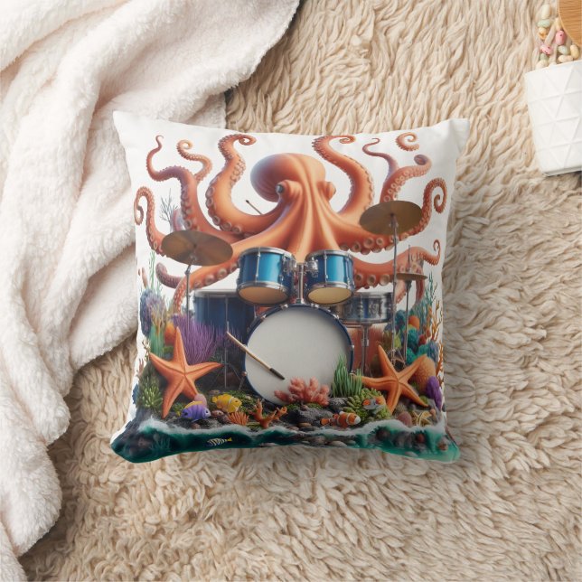 Coussin Octopus Jouer des tambours entourés de Coral Reef (Couverture)