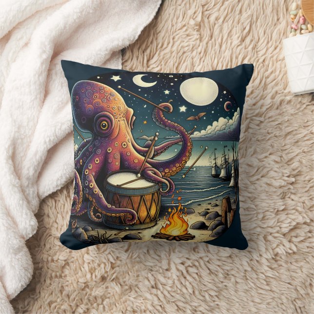 Coussin Octopus Jouer du tambour près du feu de camp de bo (Couverture)