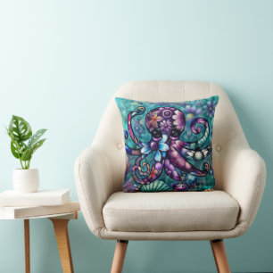 Coussin Octopus lunaire Floral Turquoise Purple Bleu Côte