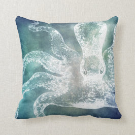 Coussin Octopus Midnight Blue Aquarelle Turquoise Art Vint