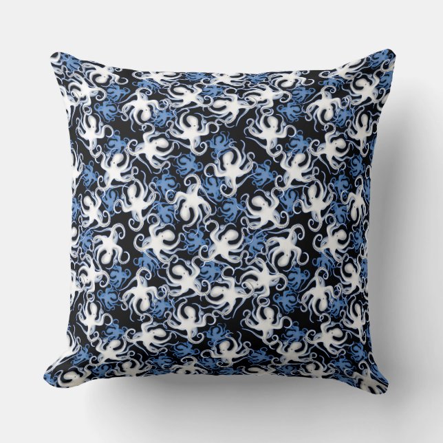 Coussin Octopus noir, blanc et bleu Motif sans couture (Recto)