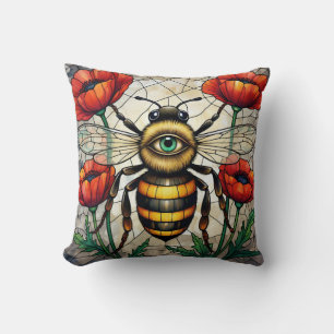 Coussin Œil d'abeille en vitrail Coquelicots Art d'insecte