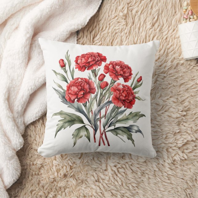 Coussin Œillets Rouges Fleurs Florales Aquarelle (Couverture)