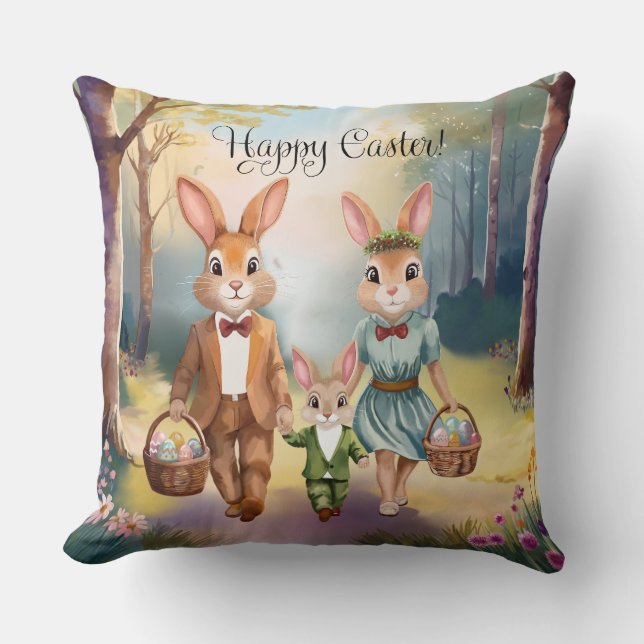 Coussin Oeufs de chasse de la famille de lapin de Pâques - (Recto)