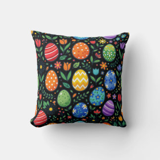 Coussin Œufs de Pâques et fleurs arc-en-ciel